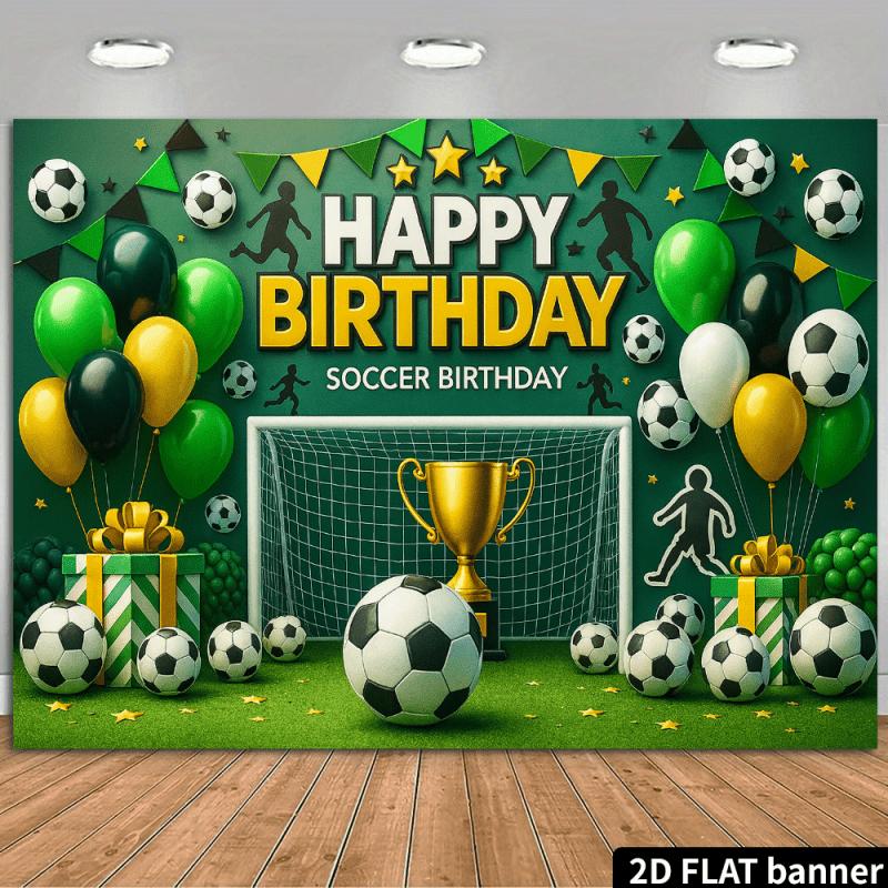 1pc, 2D flat, passionate football birthday background banner including goal + gold trophy + football + balloon background, wsj