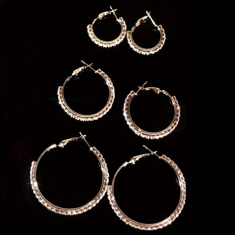 6pcs full rhinestone C-shaped large hoop earrings, multi-size stackable vintage elegant style, ideal for party, vacation, date and daily wear