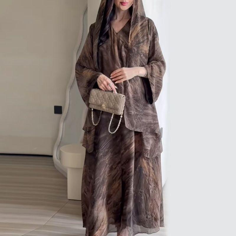 

New Arrival Middle East Print Bandana Robe Dress Suit Printed Robe and Headscarf Set Coffee L(56)