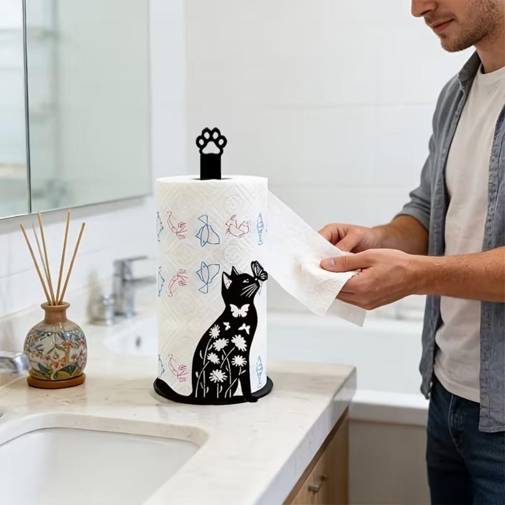 Practical Cartoon 2D Flat Cat Tissue Holder Wooden Base Sturdy Roll Paper Towel Holder Decorative Kitchen Roll Stand Bathroom
