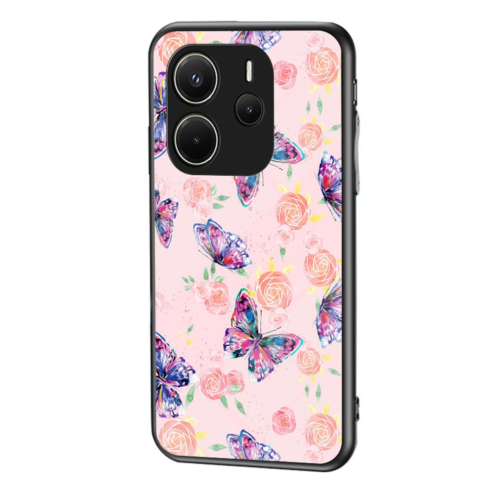 

For Xiaomi Redmi Note 14 4G (163.25mm) Case Butterfly Pattern TPU+Tempered Glass Protective Phone Cover Rose Butterfly