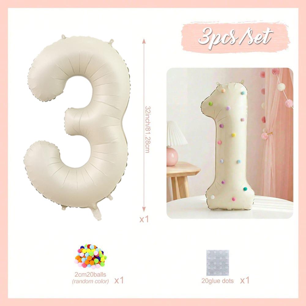 32 Inch Aluminum Foil Balloons, Milky White Numbers 0-9 for Birthday Party Decoration, 20 Plush Balls for Celebrating Birthdays