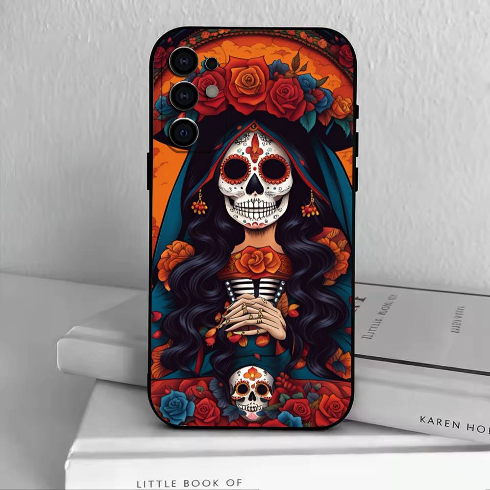 Day of the Dead Skull Phone Case For Samsung S25,S24,S21,S22,S23,S30,Ultra,S20,Plus,Fe,Lite,Note,10,Black Cover