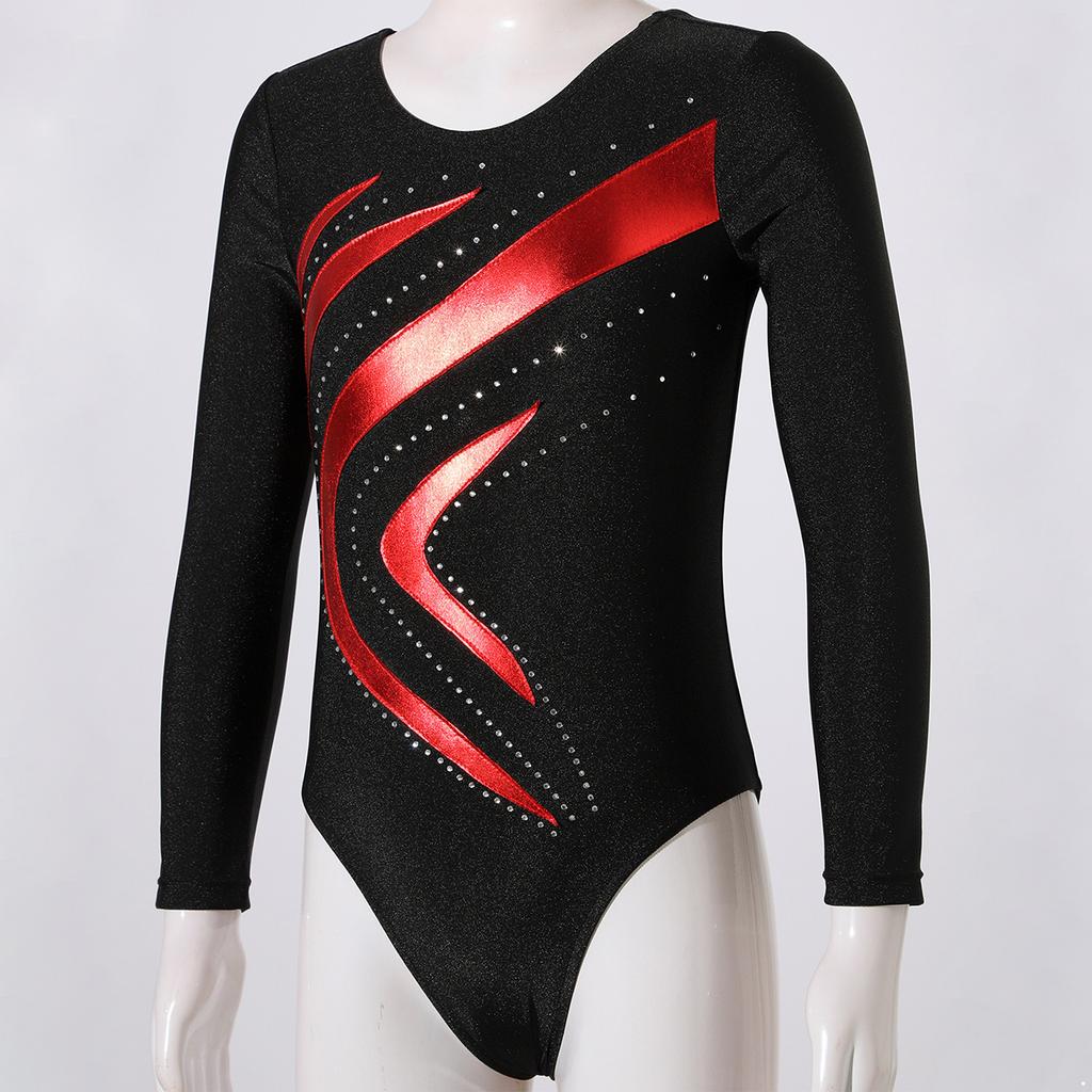 Dziecięce dziewczęce błyszczące dekoracje ze strasami gimnastyka trykot wokół szyi z długim rękawem Fitness taniec body strój
