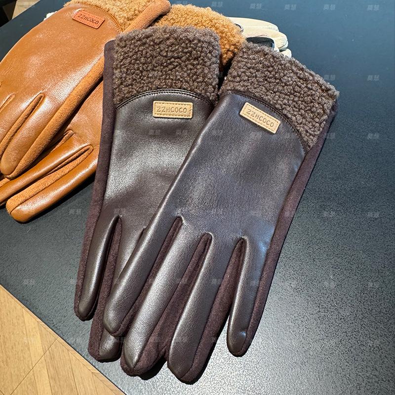 2025 leather gloves women's warm velvet thickened winter driving gloves