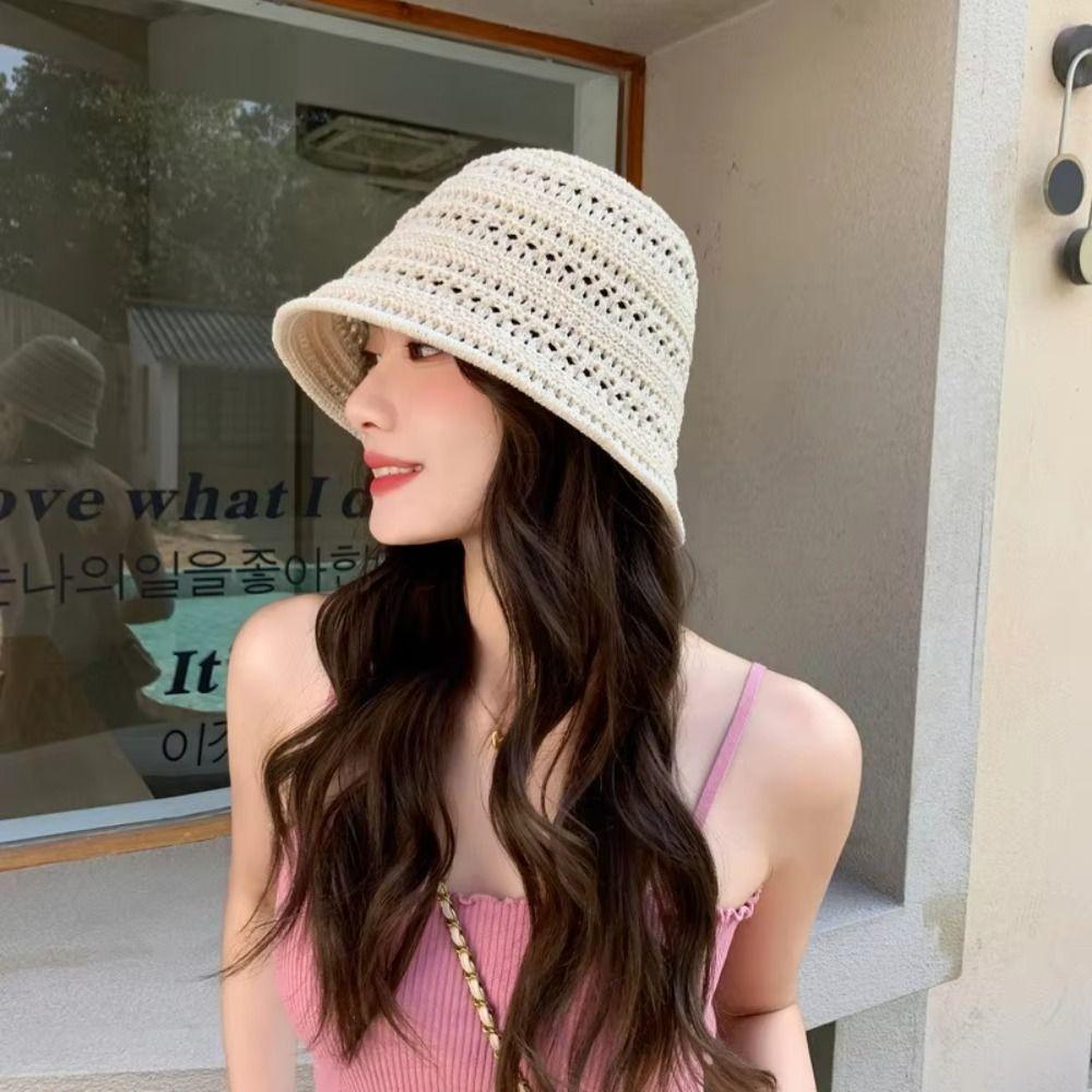 Knitted Fisherman Hat Wide Brim Hollow Beach Cap Casual Sun Hat
