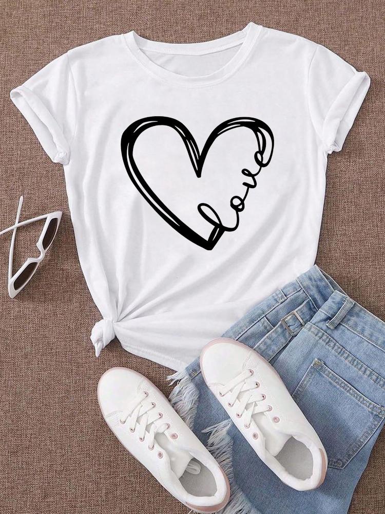 Love Heart Printed Trend Women Fashion Clothing Graphic T-shirts Clothes Print Female Shirt Short Sleeve Lady Casual Tee