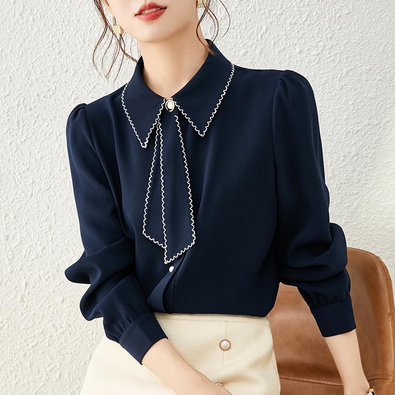 Autumn and Winter Women's Shirt with A Bow New Design Long Sleeved Temperament Chiffon Shirt Base Top