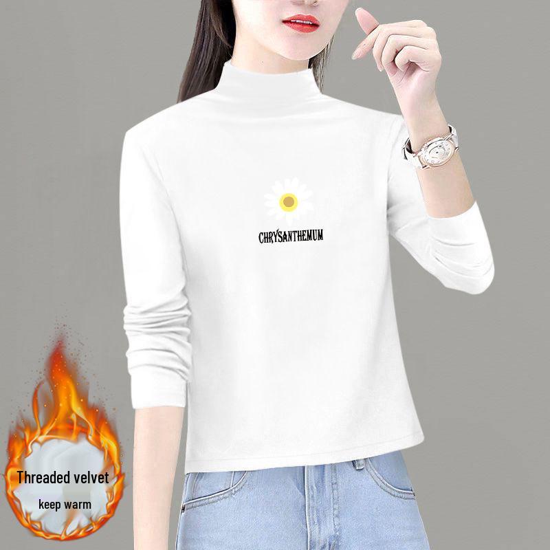 2025 Women's Thickened Double-Sided Velvet Long-Sleeve Semi-High Neck Slim-Fit Top for Autumn/Winter