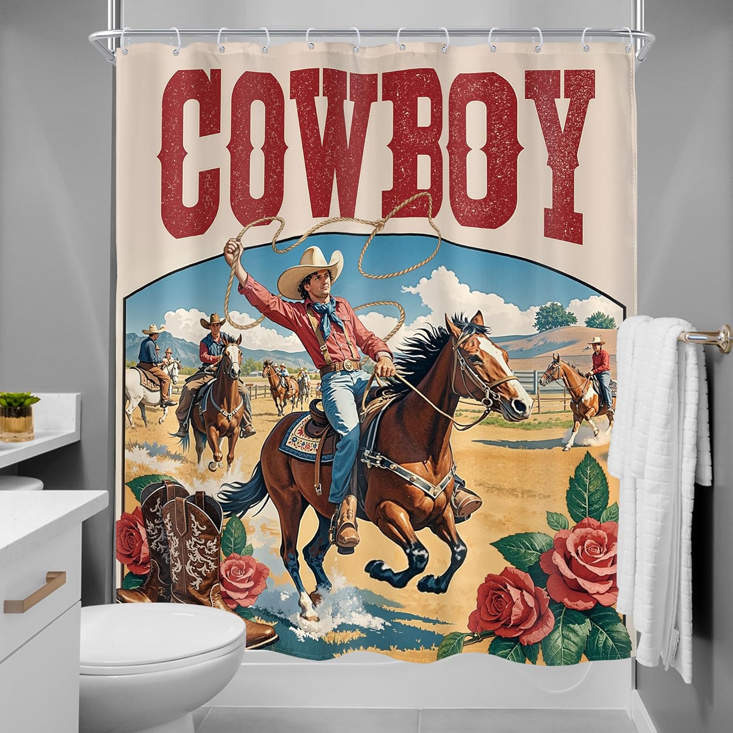 Pandara Jewelry Western Cowboy Shower Curtain – Vintage Rodeo Art, Rustic Horse & Wild Flowers, Farmhouse Bathroom Decor