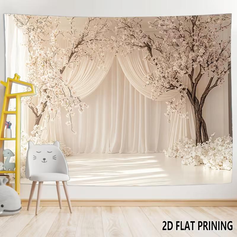 2D Romantic Floral Arch with Sheer Drapes Backdrop Photography Background Banner