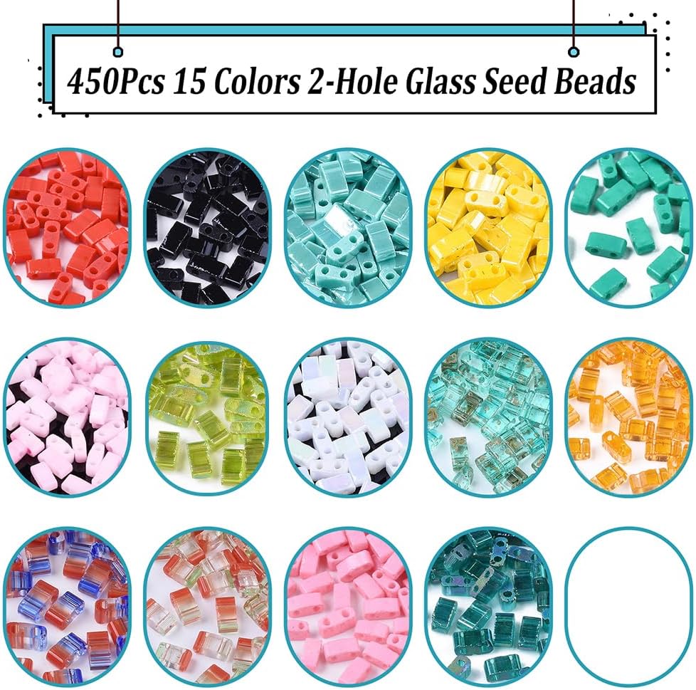 450Pcs 15 Colors 2-Hole Glass Seed Beads Transparent Colours Rectangle Mixed Color 4.5~5.5x2x1~2.5mm Hole: 0.5~0.8mm 30pcs/colors
