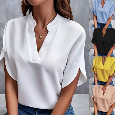 Summer New V-Neck Short Sleeve Women Shirt Casual Elegant Fashion T-shirt Solid Color Simple Blouse Office Versatile Loose Tops Women's Clothes