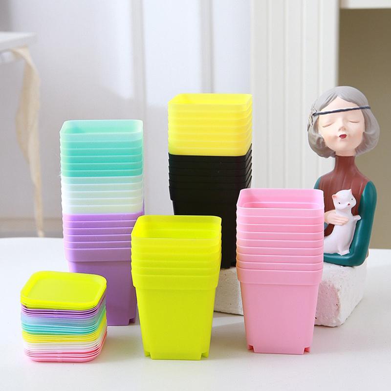 10PCS Square Mini Flowerpot Candy Colors Plastic Plant Pot Drainage Holes Tray Succulent Pot Indoor Outdoor Garden Nurseries ZYF