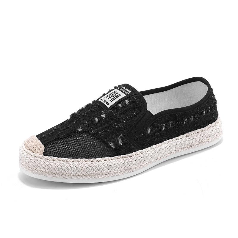 Men'S Shoes Denim Old Hole Design Sports Flat Shoes Fashion Straw Thick Sole One Pedal Board Shoes