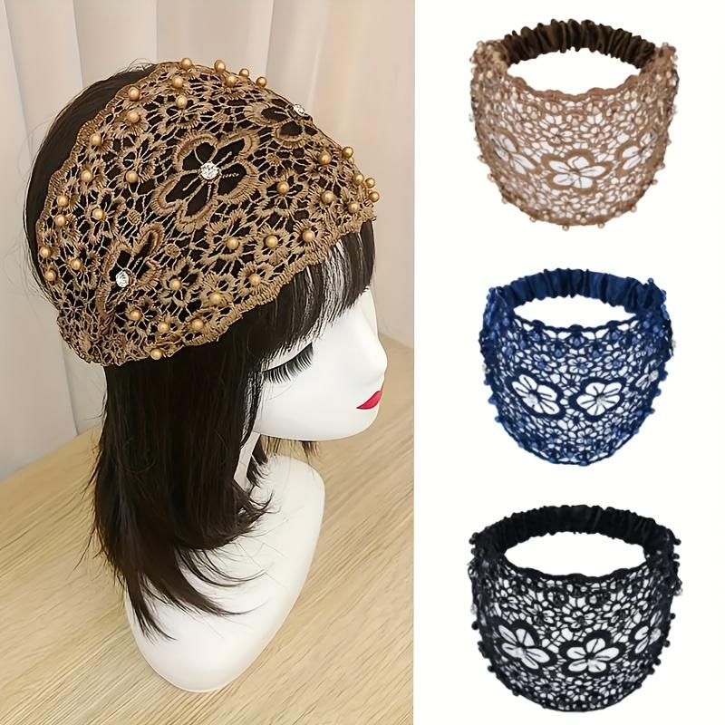 Elegant Floral Lace Bead Headband - Polyester Hollow Headband with Elastic Band - Dress Up Hair Accessory Set - Pattern Solid Co