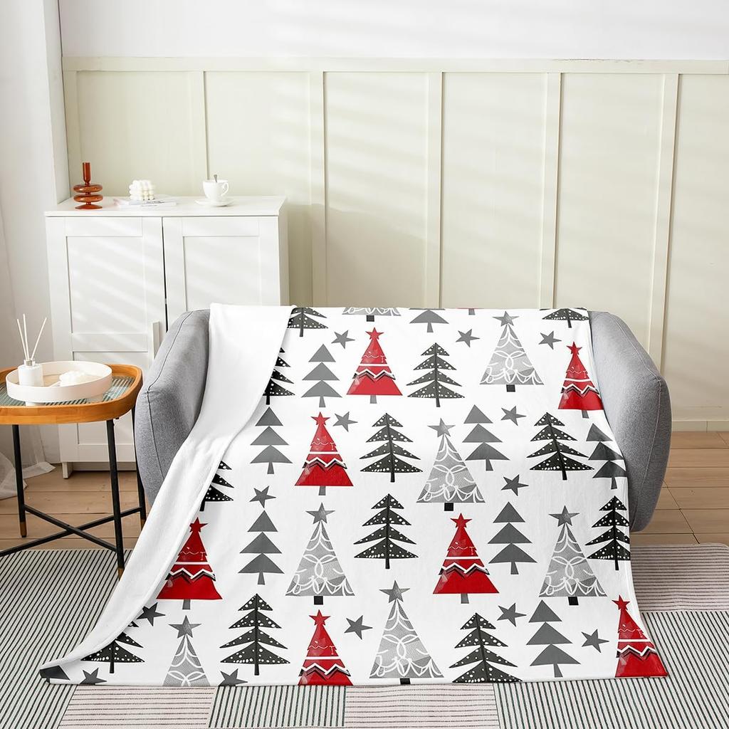 Gingerbread Xmas Flannel Blanket Blue Christmas Tree Candy Throw Blanket Western New Year Theme Cozy Throws for Bed Couch Sofa