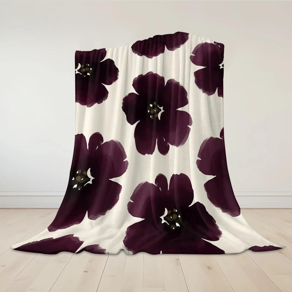 Plum Watercolor Blooms Flannel Blanket Warm Soft Halloween Christmas Couch Warm Cozy Decorative Decor Gift For All Season