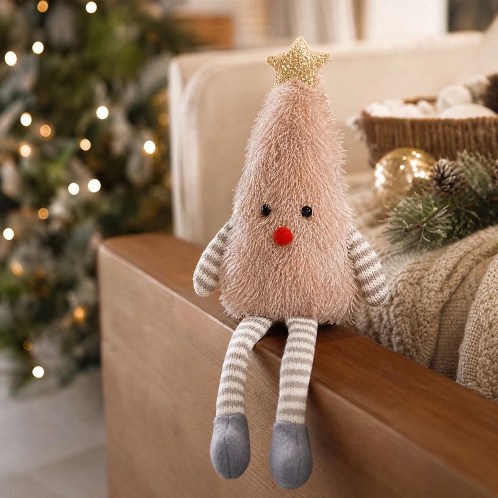 Plush Christmas Tree Doll Ornament with Long Legs Sitting Gold Star Holiday Decoration