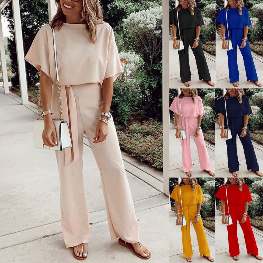 Women Fashion Leisure Solid Color Lace-Up Short Sleeves Female Jumpsuit