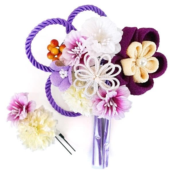 Haarschmuck-Set Rot für Furisode und Zeremonie Zweiteilig (kk-077) - Lila, Tsumami-zaiku, Chirimen, (langärmeliger Kimono) Erwachsenwerden