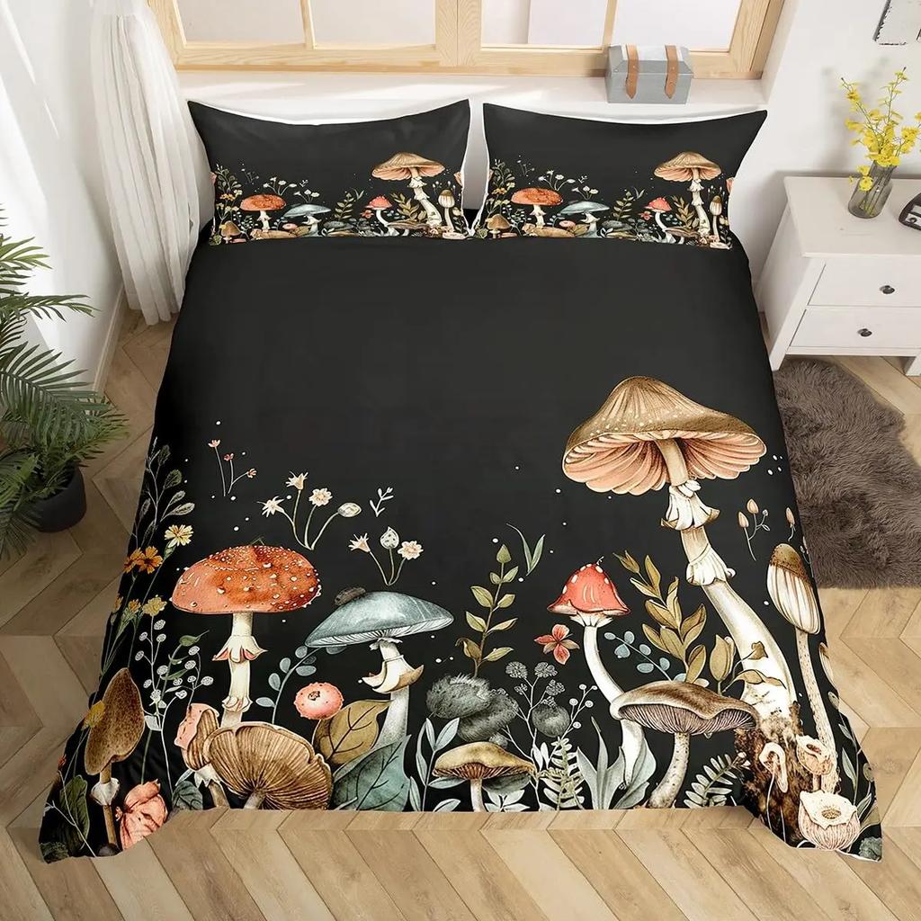 Comforter Cute Mushroom Bedding Set King Queen Size Botanical Comforter Wild Fungus Colorful Plants Leaves
