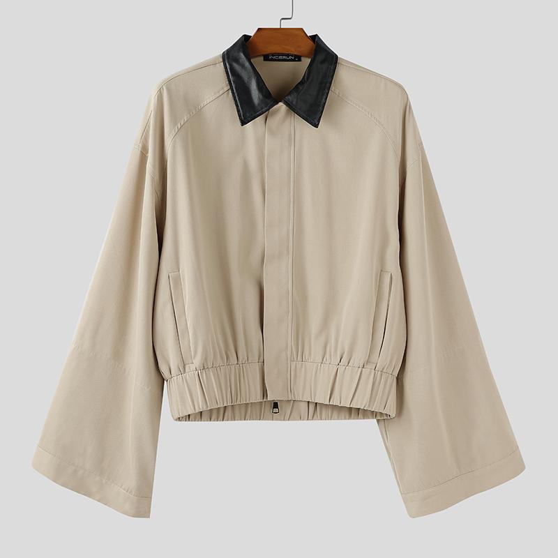 INCERUN S-5XL Men Stitching Collar Zipper Up Long Sleeve Loose Cargo Jackets Coats