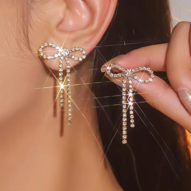 Sweet Rhinestone Crystal Long Tassel Drop Earrings for Women Girls Hollow Bowknot Crystal Dangle Earrings Party Xmas Jewelry