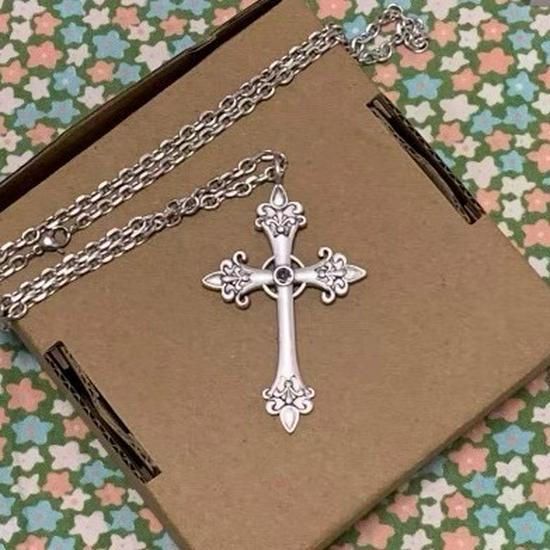 Korean Designer Silver Large Engraved Cross Pendant Necklace