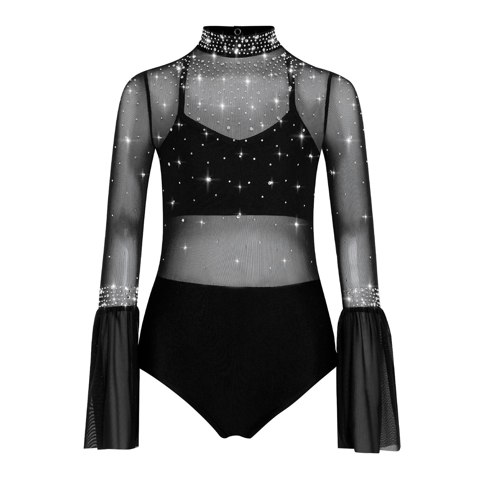 Body da ballo da ragazza a collo alto con maniche a campana, design senza schiena con inserti in rete trasparente e strass scintillanti 15-16 Years