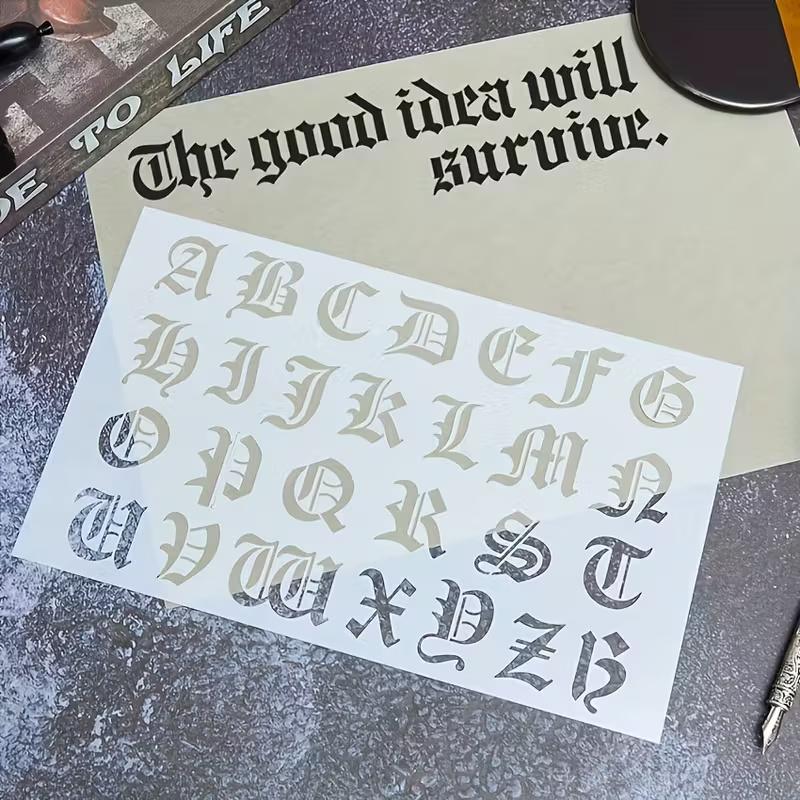 Gothic Calligraphy Stencil, 6-Pack Reusable Old English Letter Number Template for DIY Painting, Craft, Scrapbooking
