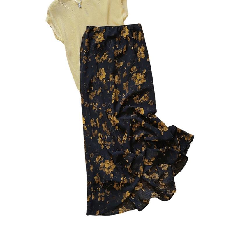 New retro floral slim buttocks fishtail skirt chiffon floral skirt temperament skirt Hong Kong style slim dress