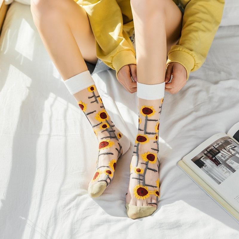 Creative Harajuku New Product Crystal Silk Tide Socks Funny Sunflowers Thin Glass Silk Tube Women's Trendy Socks Female