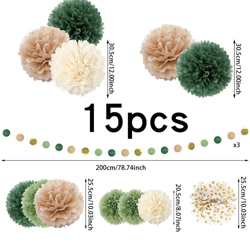 Dark Green Honeycomb Paper Flower Ball Set for Party, Wedding, or Event Decoration - 15 Pieces