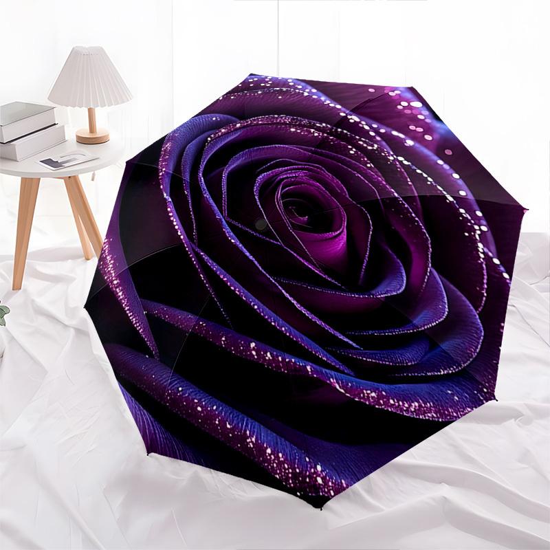 Purple Rose Sparkle Automatic Folding Umbrella Compact 8 rib Design, Unique Style, Suitable for Everyday Outdoor Use, Perfect Gift for Frien