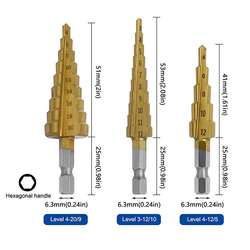 

[TL][TL]Hexagonal Handle Titanium Plated Ladder Drill Tower Drill Bit Set 3-12/4-12/4-20mm Small Three Piece Set