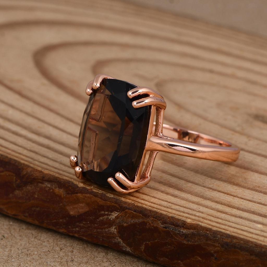 Attraktiver Rosegold Smoky Quarz Edelsteinring, 925 Silber Krappenfassung Ring, Handgefertigter Schmuck Für Frauen, Trendig Als Geschenk, Jahrestag Geschenk Für Frau