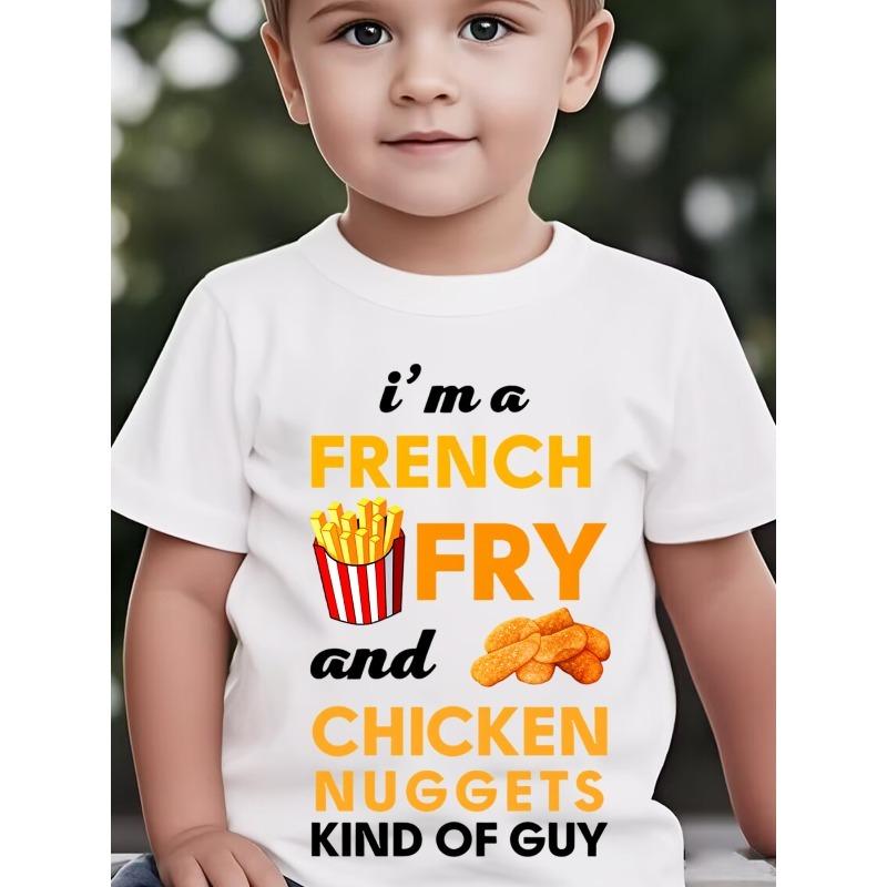 

European sizes Summer Boys New Food Print T-Shirt, Casual Cool Hamburger Fries Crew Neck Short Sleeve Top 164cm білий