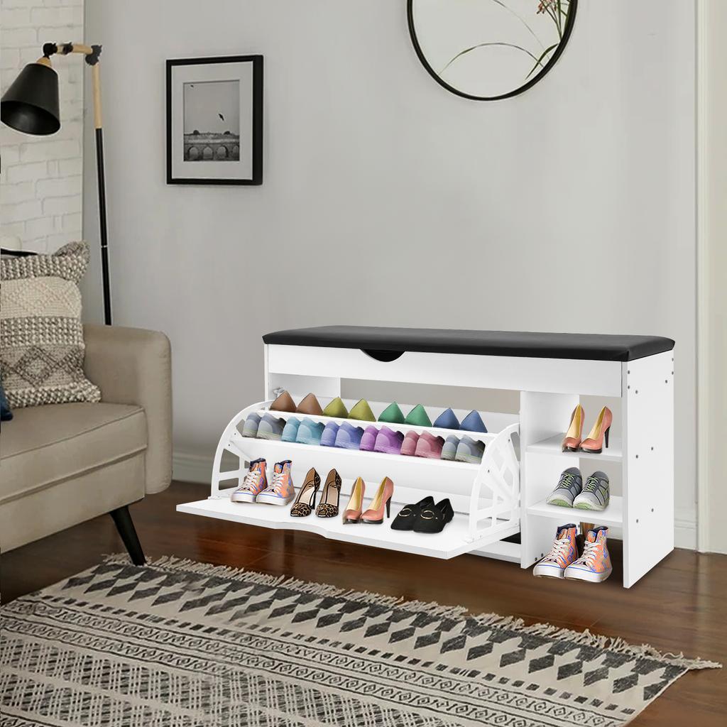 Warme weiße Eingangsbereich Schuhbank, Stabile Aufbewahrungsbank mit 65 kg Tragkraft und gepolsterter Sitzfläche, Flur Schuh-Organizer für das Wohnzimmer