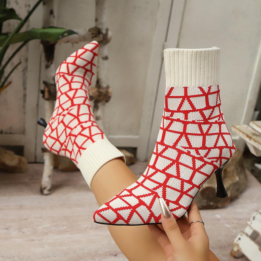 Fashion Women Ankle Boots Thin Heeled Pointed High-heeled Short Boots Women Fashion Sexy Knitted Plus Size High Heels Shoes for Women
