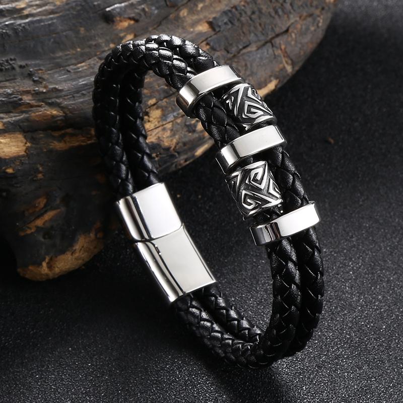 Viking Norse Runes Amulet Double-Layer Stainless Steel Men's Leather Bracelet Norse Mythology Jewelry