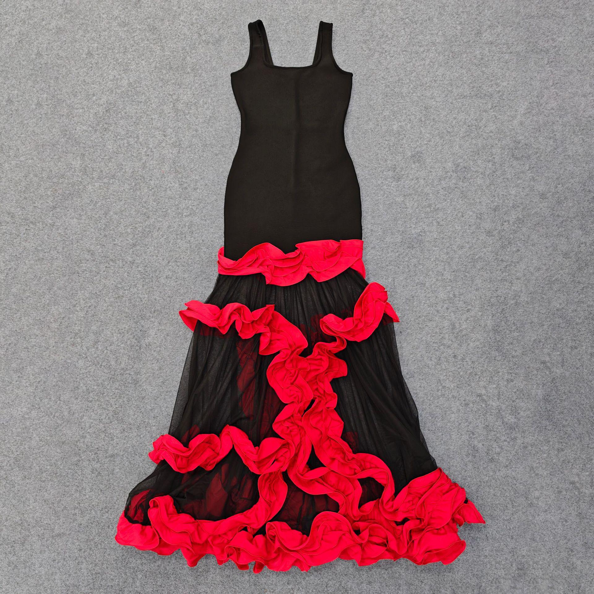 

European & American Ruffle Lace Mesh Irregular Evening Dress: Luxury Socialite Bandage Design Extra Large чорний/червоний