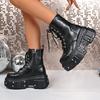 Fashion Chunky Platform Punk Ankle Boots Women Thick Bottom Metal Rivet Combat Booties Woman Autumn Winter Black PU Leather Botas Mujer