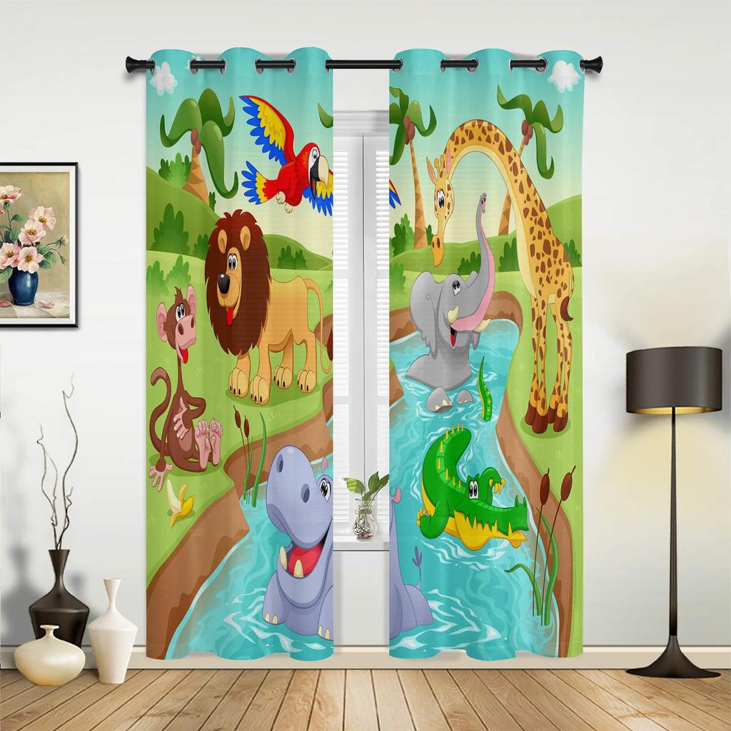 Jungle Forest Cartoon Animal Lion Elephant Curtains Bedroom Living Room Drapes Kitchen Children Window Curtain Home Decor Polyester Ideal For