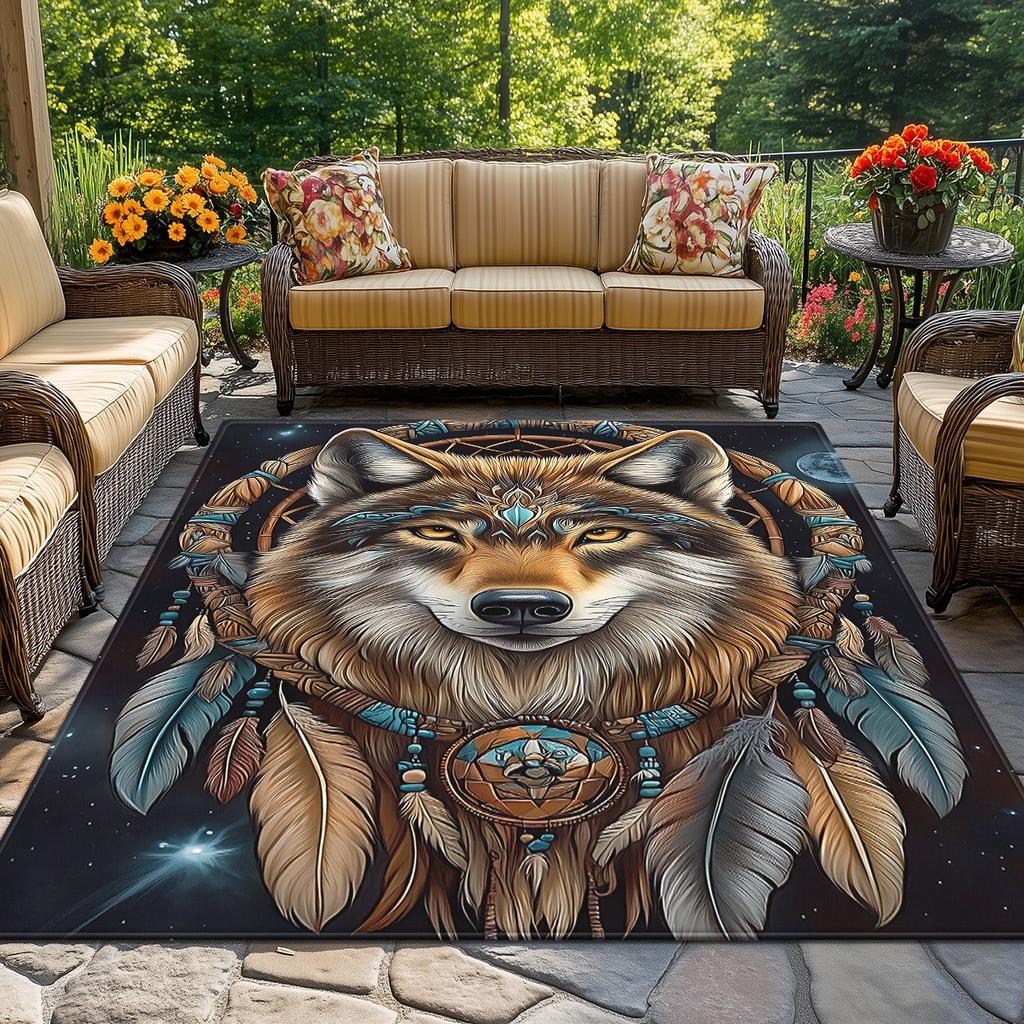 Wolf Dreamcatcher Tribal Art Crystal Velvet Rug Native American Style Gaming Room Floor Mat Spiritual Decor Cool Indoor Carpet