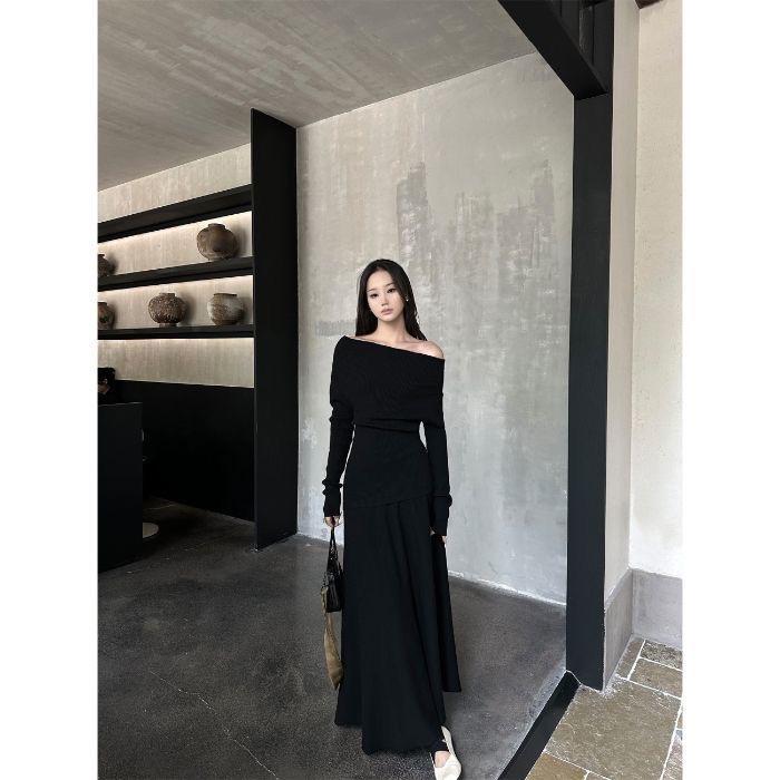 

2026 Новое облегающее однотонное платье с одним плечом для женщин - Мода ранней осени L чёрный