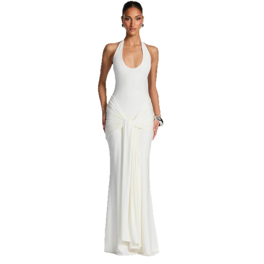 Women's new streamer splicing suspender long dress slim-fitting hip-wrapped European and American style neck dress dress
