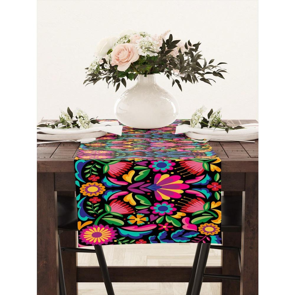 1pc Festive Linen Table Runner, Colorful Mexican Festival Design Tablecloth, Suitable For Home Dining Room And Restaurant, 13"X72"/33cm*183cm