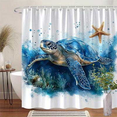1 Piece Watercolor Blue Turtle Shower Curtain, Polyester Fabric, Machine Washable, Suitable for Bathroom Decoration