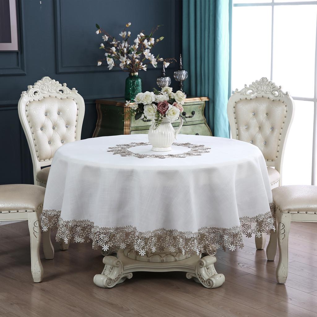 Neue Country-Leinen-Tischdecke, weiße Tischdecke im pastoralen Stil, runde Spitze-Tischdecke